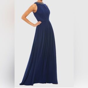 Ieena for MacDuggal Bejeweled neckline Navy Blue pleated chiffon Gown